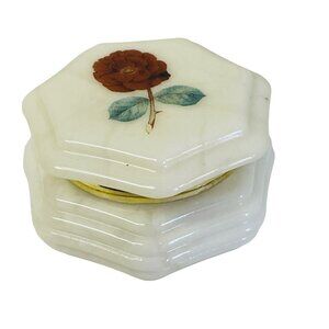 Vintage Genuine Alabaster Trinket Box With Floral Design Made In Italy‎